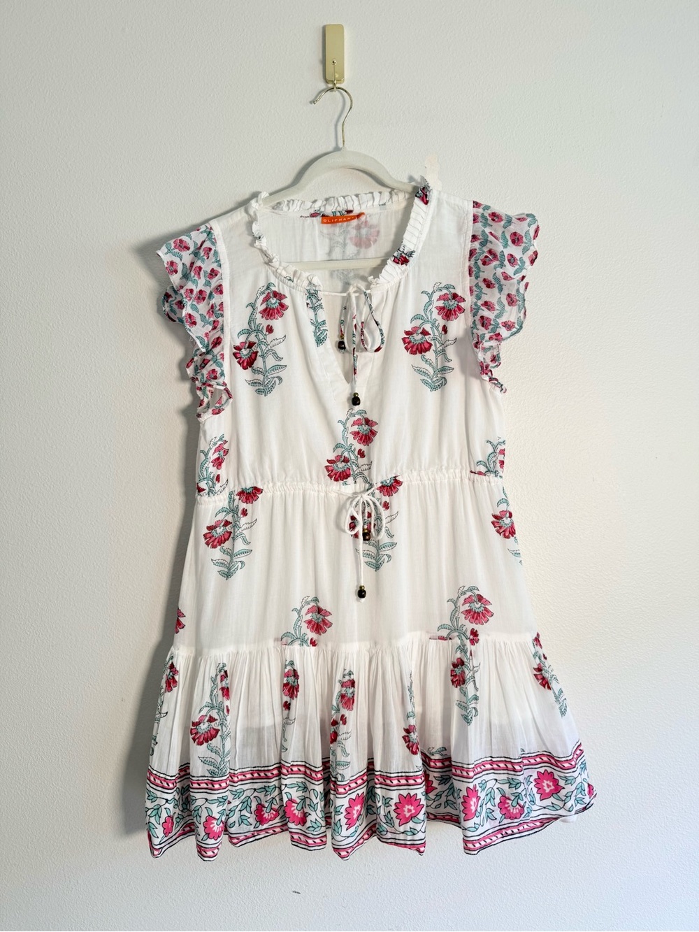 Oliphant Cinched Flirty mini dress cotton voile white pink floral Sz L - Picture 2 of 12